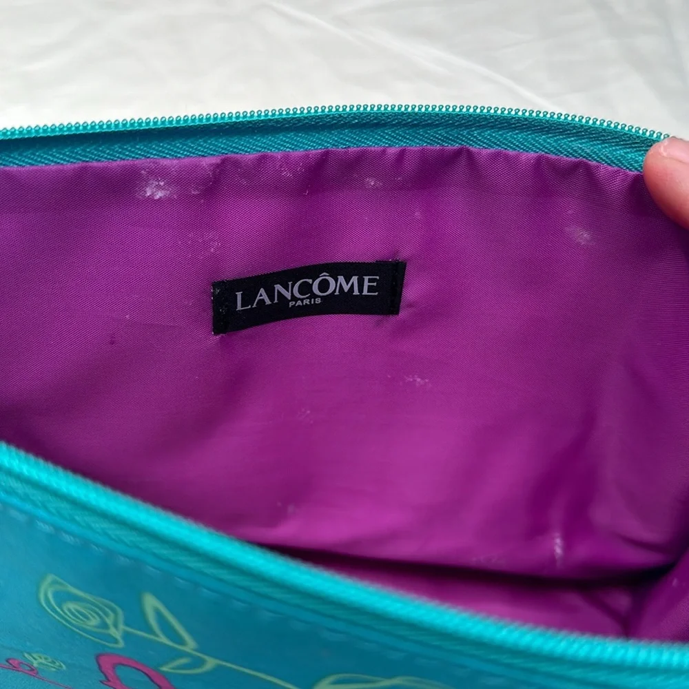 Lancôme Pink and Blue Floral Cosmetic Bag with Paris Text. 9” long x 6” tall.